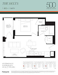 A floor plan for a 1 bedroom, 1 bathroom apartment at The Delta in Upper Wellington.