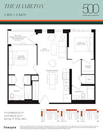 A floor plan for a 2 bedroom, 2 bathroom apartment in The Hamilton building.