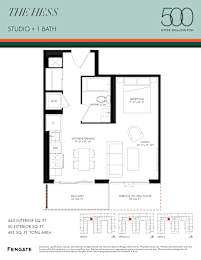 A floor plan for a 500 square foot studio with one bath.