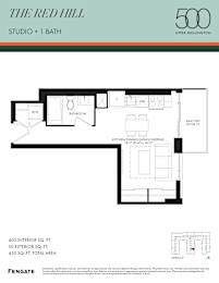 A floor plan for a 500 square foot studio with one bath.