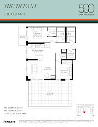A floor plan for an apartment at The Tiffany, which is 500 Upper Wellington, shows a 2 bedroom and 2 bathroom layout.