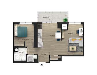 A floor plan of an apartment with a balcony, foyer, bathroom, bedroom, dining room, and living room.