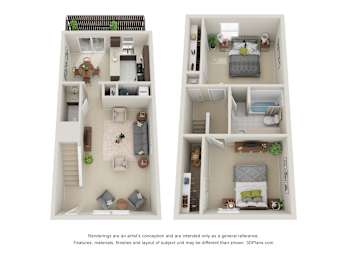 Two floor plan images of a house with a kitchen, living room, bedrooms and bathrooms.