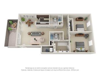 A 3D floor plan of a small apartment with a kitchen, living room, and bedrooms.