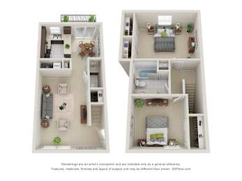Two floor plans of a house with a kitchen, living room, bedrooms and bathrooms.