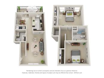 A 3D floor plan of a two-bedroom apartment with a living room, kitchen, and bathroom.