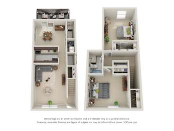 Two images of a small apartment with a kitchen, living room, and bedroom.