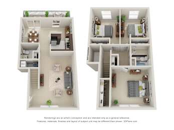 Two floor plans of a house with a kitchen, living room, and bedrooms.