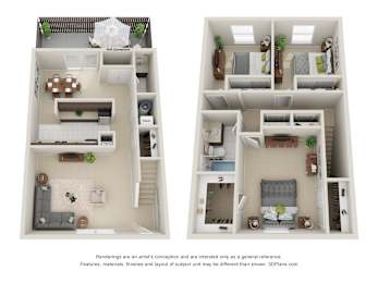 Two images of a small apartment layout with a kitchen, living room, and bedroom.