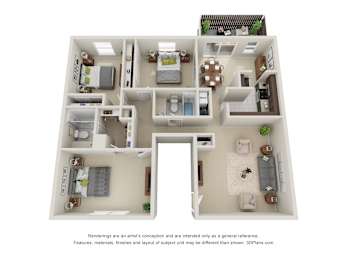 A 3D floor plan of a house with a kitchen, living room, and bedrooms.