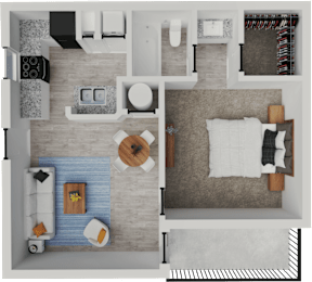A top-down view of a modern bedroom with a bed, nightstand, and a small table with a plant on it.