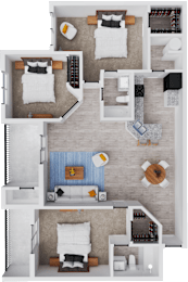 A top-down view of a small apartment with a bedroom, living room, and kitchen.