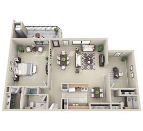 A 3D floor plan of a house with a kitchen, living room, dining room, and bathrooms.