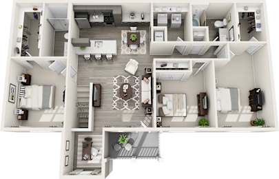 A top-down view of a house layout with a living room, kitchen, and two bedrooms.