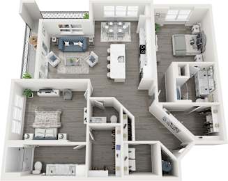 A top-down view of a modern, open-plan apartment with a kitchen, living room, and bedroom.
