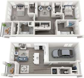 A top-down view of a two-story apartment layout with a car parked in the garage.