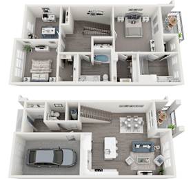 A top-down view of a two-story house with a car parked in the garage.