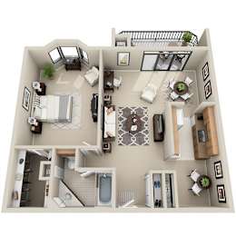 A 3D floor plan of a house with a kitchen, living room, and bathroom.