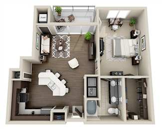 A 3D floor plan of a house with a kitchen, living room, and bathroom.