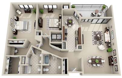 A 3D floor plan of a house with multiple rooms and furniture.