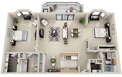 A top-down view of a two-story house with a living room, kitchen, dining room, and bedrooms.