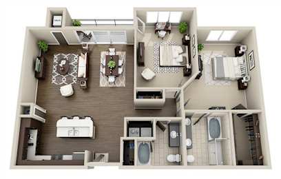 A 3D rendered image of a house layout.