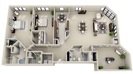 A 3D rendered image of a house layout.