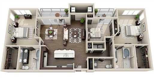 A top-down view of a house layout with a kitchen, living room, dining room, and bathrooms.