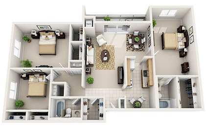 A top-down view of a small apartment with a kitchen, living room, and bedroom.