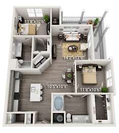 A 14'2"x12'9" bedroom with a 10'5"x10'9" bathroom and a 11'8"x10'6" living room.