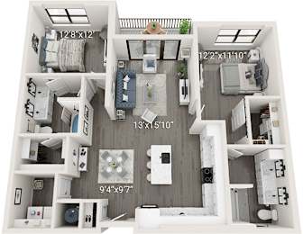 A floor plan of a house with a living room, kitchen, and two bedrooms.