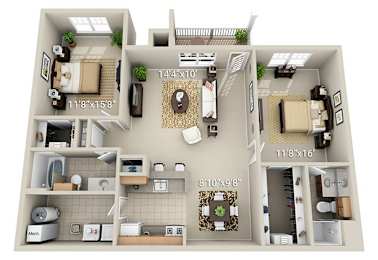A 3D floor plan of a house with labeled dimensions.
