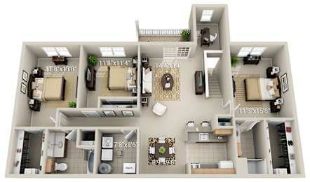 A 3D floor plan of an apartment with dimensions and room layout.