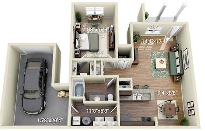 A 3D floor plan of a house with a car parked outside.