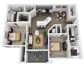 A 3D floor plan of a small apartment with a living room, kitchen, and two bedrooms.