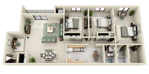 A floor plan of a house with three bedrooms, two bathrooms, a living room, a kitchen, and a dining area.