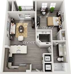 A floor plan of a small apartment with a living room, kitchen, and bathroom.