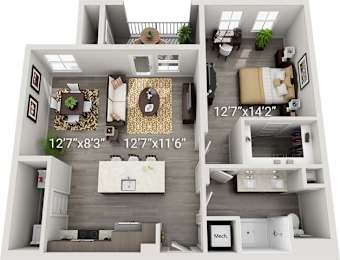 A 3D floor plan of a small apartment with a living room, kitchen, and bedroom.