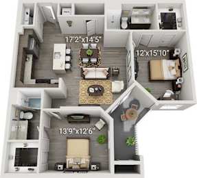 A 3D floor plan of a house with dimensions and furniture layout.