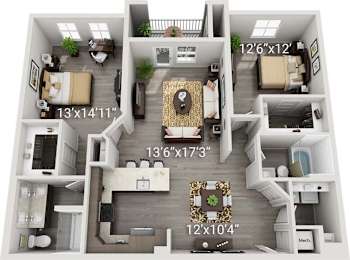 A 3D floor plan of a house with labeled dimensions.