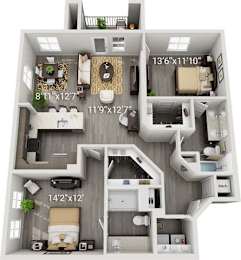A 3D floor plan of a two-bedroom apartment with dimensions.