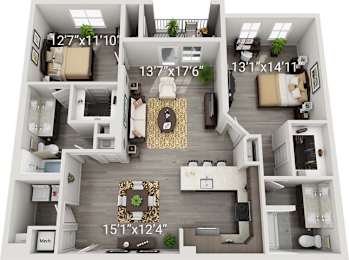 A floor plan of a two-bedroom apartment with a living room, kitchen, and bathroom.