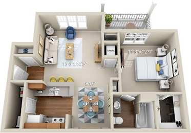 A 3D floor plan of a small apartment with a kitchen, living room, and bathroom.