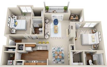 A 3D floor plan of a house with labeled dimensions.