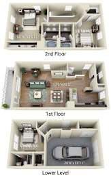 A diagram shows the layout of a two-story house with a garage underneath.