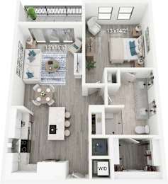 A floor plan of a small apartment with a kitchen, living room, and bedroom.
