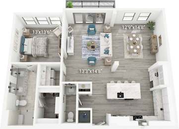 A floor plan of a two-bedroom apartment with a living room, kitchen, and bathroom.