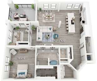 A floor plan of a two-story home with a living room, dining room, kitchen, and bedrooms.