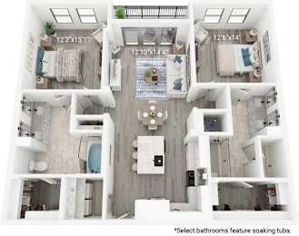 A floor plan of an apartment with dimensions and a note about bathrooms.