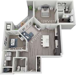 A 3D floor plan of a house with dimensions.